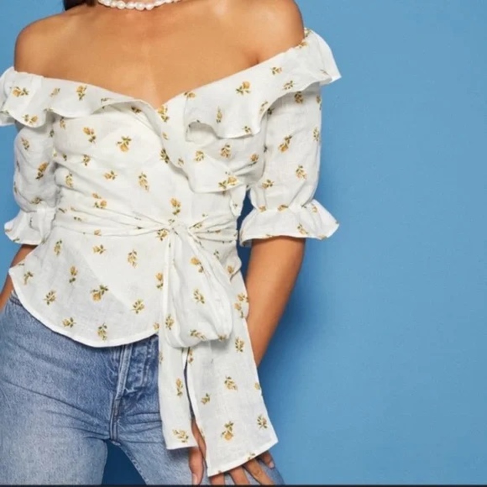 Reformation Off-Shoulder White Wrap Top with Yellow Floral Print